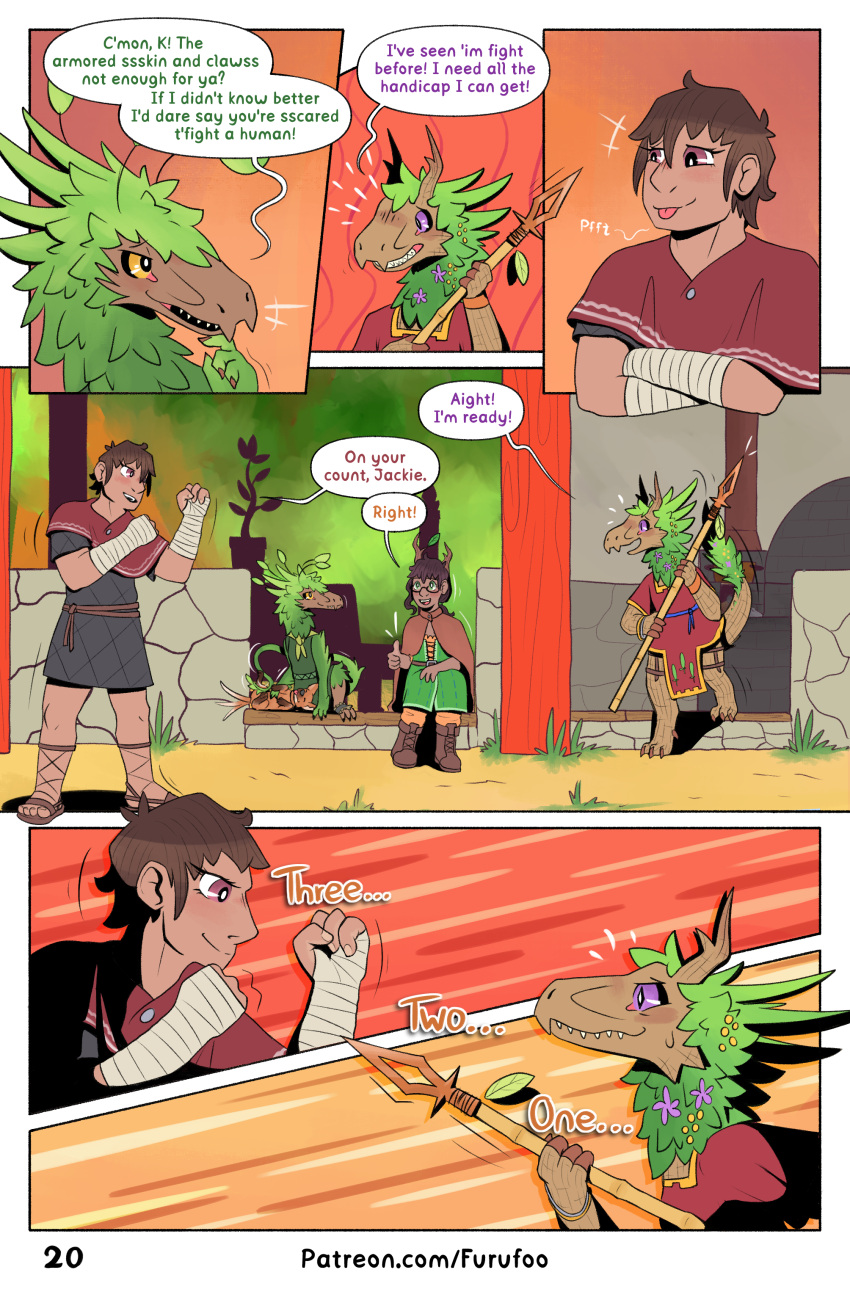 absurd_res belly_rub comic dialogue dinosaur dromaeosaurid elemental_creature fight flora_fauna folicoatl furufoo hi_res jacqueline_(furufoo) luiz_(furufoo) melee_weapon plant polearm reptile scalie spear the_folicoatl_handbook theropod weapon webcomic