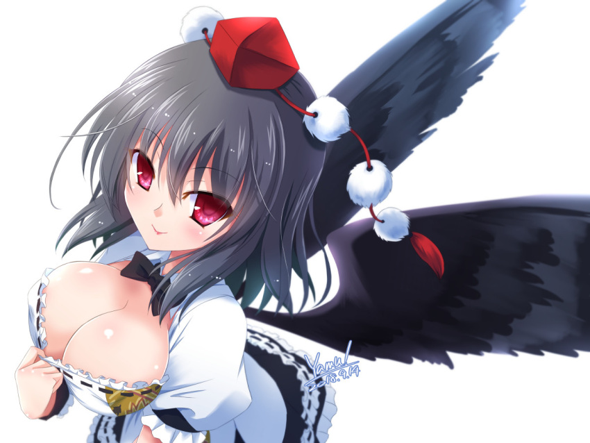 1girl alternative_facts_in_eastern_utopia bird_wings black_bow black_bowtie black_hair black_skirt black_wings black_wristband bow bowtie breasts cleavage closed_mouth clothes_pull collared_shirt commentary_request feathered_wings frilled_skirt frills from_above happy hat large_breasts leaf_print lips looking_at_viewer medium_hair puffy_short_sleeves puffy_sleeves red_eyes red_hat ribbon-trimmed_shirt shameimaru_aya shirt short_sleeves simple_background skirt smile solo tassel tokin_hat touhou white_background white_shirt wings yamu_(reverse_noise)