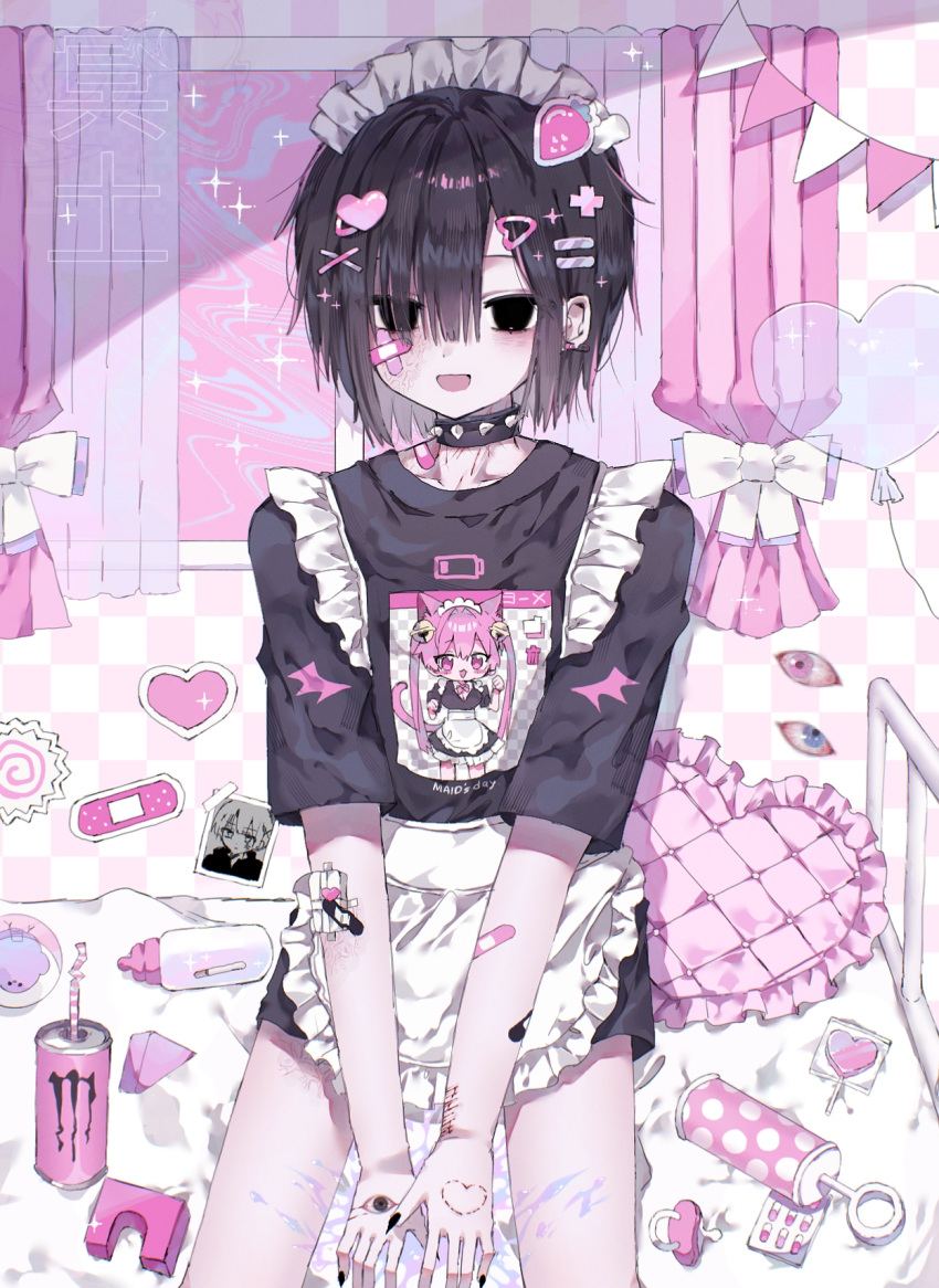 1girl apron balloon bandaged_arm bandages bandaid bandaid_on_arm black_dress black_hair cuts dress eyeball food-themed_hair_ornament hair_ornament heart heart_balloon highres hiro_0607 injury low_battery_notification maid_apron maid_day monster_energy original pastel_colors pill self-harm smile solo strawberry_hair_ornament white_apron window_(computing) wrist_cutting yami_kawaii