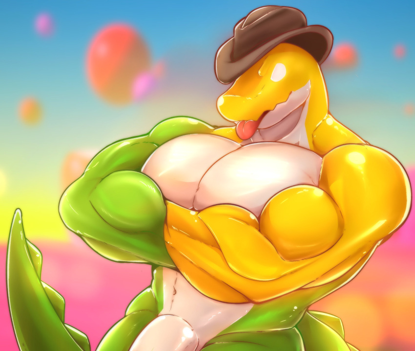 abstract_background absurd_res angry anthro barazoku biceps big_pecs big_penis blue_background blurred_background candy clio_clione clothed clothing cowboy cowboy_hat cowboy_hat_only crocodile crocodilian crocodylid crossed_arms dessert detailed flaccid food food_creature genitals glistening glistening_arms glistening_body glistening_genitalia glistening_nose glistening_pecs glistening_penis glistening_tail glistening_tongue glitch_productions green_tail gummigoo_(tadc) hat hat_only headgear headgear_only headwear headwear_only hi_res living_candy long_tail looking_at_viewer male manly mostly_nude muscular muscular_anthro muscular_male navel nude orange_background outside pecs penis pink_background portrait pose red_background red_tongue reptile scalie shadow simple_background solo spiked_tail spikes spikes_(anatomy) standing tail teeth the_amazing_digital_circus thick_penis thick_thighs tongue tongue_out triceps white_eyes yellow_background yellow_nose yellow_teeth