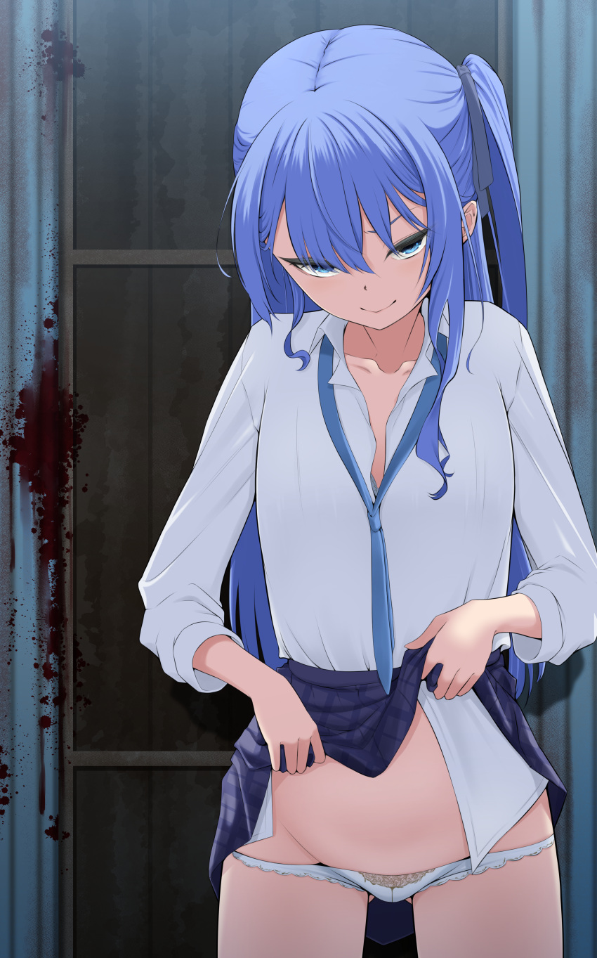 1girl absurdres blood blood_stain blue_eyes blue_hair blue_necktie blue_skirt bra bra_peek closed_mouth clothes_lift collarbone flat_chest hair_ribbon highres hololive hoshimachi_suisei inamochi_keiichirou lifted_by_self long_hair long_sleeves looking_at_viewer loose_necktie miniskirt necktie panties panty_pull plaid plaid_skirt ribbon school_uniform serafuku shirt shirt_tucked_in side_ponytail skirt skirt_lift smile solo underwear undressing v-shaped_eyebrows very_long_hair virtual_youtuber white_panties white_shirt