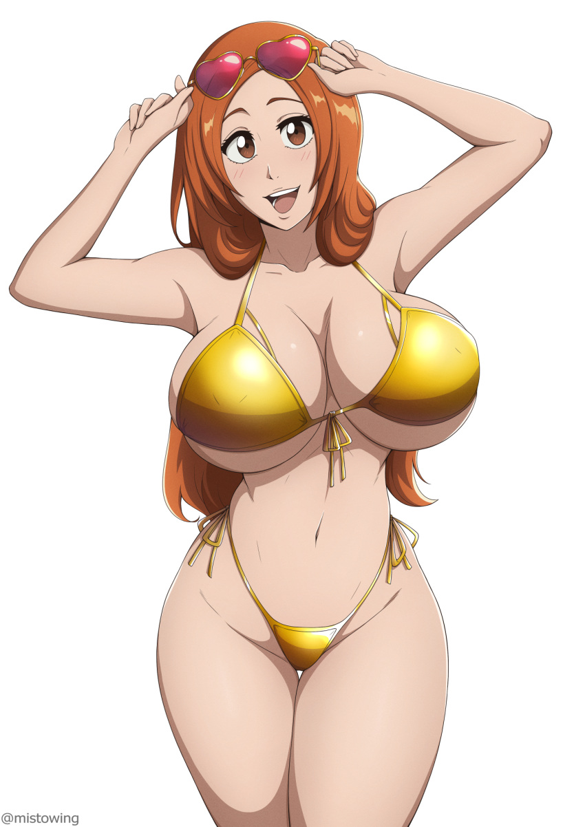 1girl bare_shoulders bikini bleach breasts brown_eyes eyewear_on_head glasses heart heart-shaped_eyewear highres inoue_orihime large_breasts long_hair looking_at_viewer mistowing open_mouth orange_hair simple_background smile solo standing swimsuit twitter_username white_background