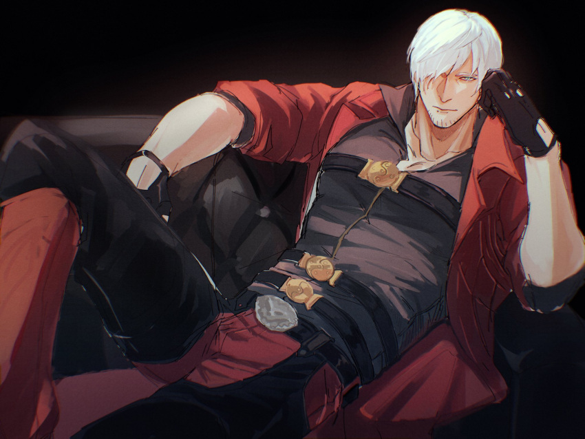 1boy bara blue_eyes coat dante_(devil_may_cry) devil_may_cry_(series) devil_may_cry_4 facial_hair gloves hair_over_one_eye highres looking_at_viewer male_focus mature_male minoxis muscular muscular_male red_coat smile solo white_hair