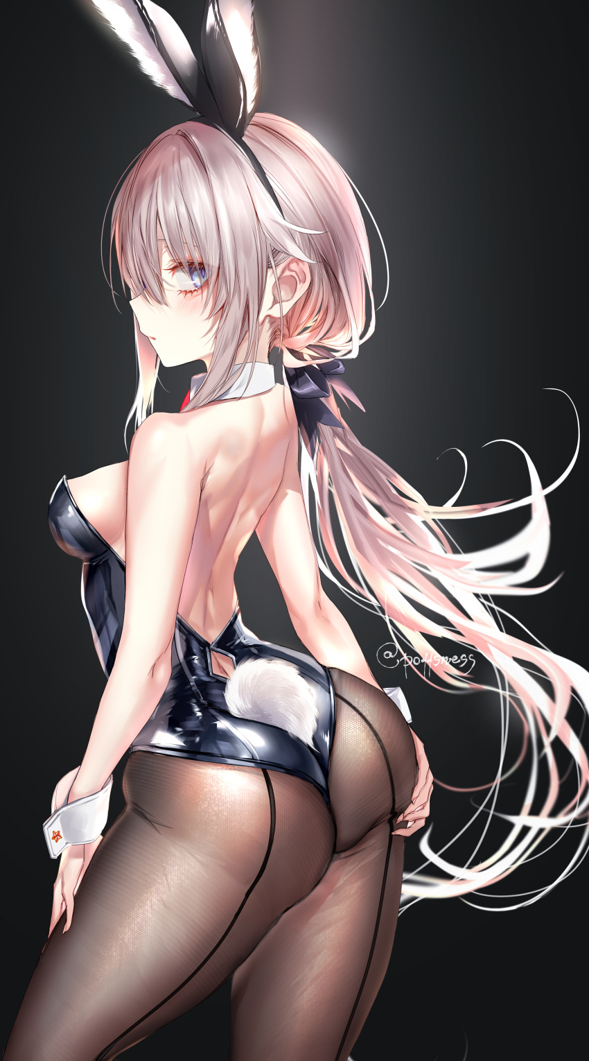 1girl 9a-91_(girls'_frontline) absurdres animal_ears artist_name ass ass_grab back-seamed_legwear bare_shoulders black_leotard blue_eyes breasts commentary cowboy_shot eyebrows_visible_through_hair fake_animal_ears fake_tail fine_fabric_emphasis from_side girls'_frontline grabbing_own_ass highres leotard long_hair looking_at_viewer medium_breasts pantyhose playboy_bunny pottsness rabbit_ears rabbit_tail seamed_legwear signature solo strapless strapless_leotard tail twitter_username watermark wrist_cuffs