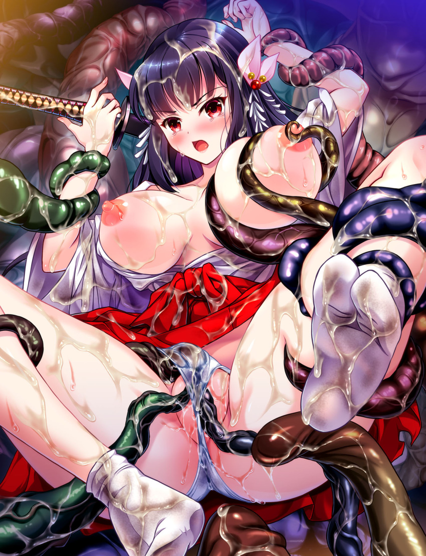 black_hair blush breasts breasts_out grabbing grabbing_another's_breast hair_ornament hakama highres japanese_clothes katana kimono large_breasts long_hair miko nipple_stimulation nipples open_clothes open_kimono original panties pussy_juice red_eyes slime_(substance) spread_legs sword tabi tearing_up tentacle_pit tentacles tentacles_under_clothes underwear weapon wet wet_clothes wet_panties zurumu_ken