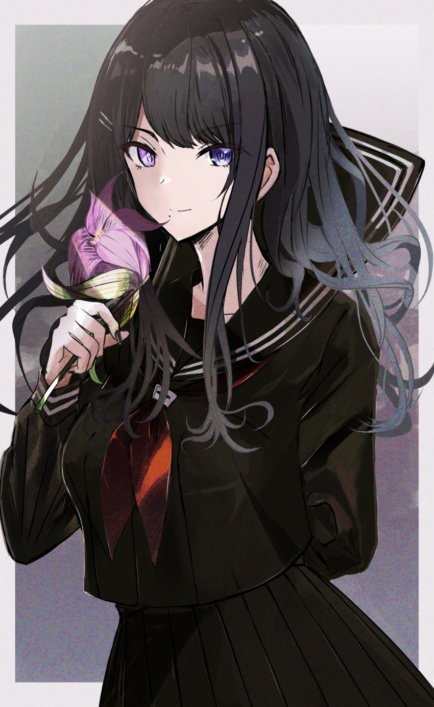 1girl arm_behind_back black_hair black_nails black_sailor_collar black_serafuku black_shirt black_skirt collarbone commentary_request fingernails flower hair_ornament hatching_(texture) highres holding holding_flower idolmaster idolmaster_shiny_colors kazano_hiori leaf long_hair long_sleeves mole mole_under_mouth neckerchief red_neckerchief sailor_collar school_uniform serafuku shirt sierra_(sierra_s252) skirt smile solo