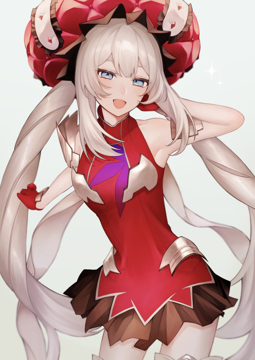 1girl :d absurdres bare_shoulders blue_eyes breasts cowboy_shot dress fate/grand_order fate_(series) flower gloves grey_hair hat highres large_hat long_hair looking_at_viewer marie_antoinette_(fate) open_mouth pleated_skirt red_dress red_gloves skirt sleeveless sleeveless_dress small_breasts smile solo sumi_(gfgf_045) thighs twintails very_long_hair white_hair
