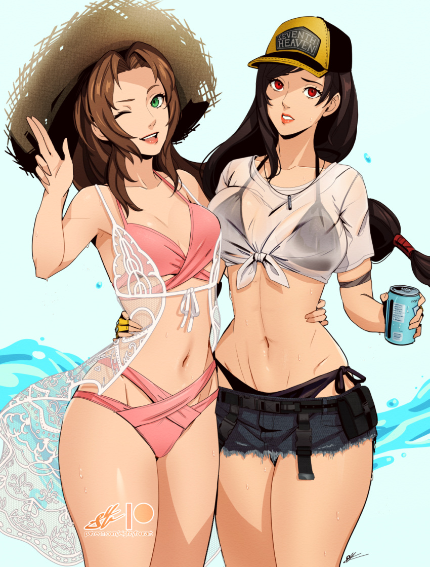 2girls aerith_gainsborough aerith_gainsborough_(sunny_robe) arm_around_waist bikini bikini_under_clothes black_bikini black_hair brown_hair can commentary crop_top drink_can eightyfourart english_commentary final_fantasy final_fantasy_vii final_fantasy_vii_ever_crisis frayed_skirt front-tie_top green_eyes hat highres long_hair low-tied_long_hair multiple_girls navel official_alternate_costume pink_bikini red_eyes see-through see-through_shirt shirt smile soda_can swimsuit tifa_lockhart tifa_lockhart_(lifeguard) wet wet_clothes wet_shirt whistle whistle_around_neck