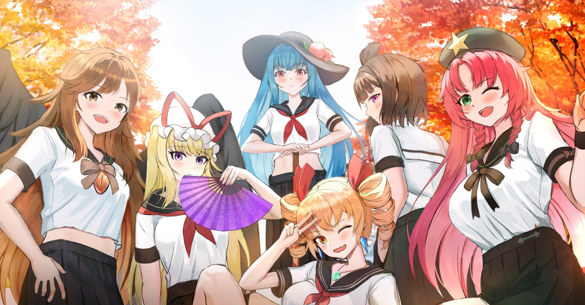 6+girls :d ;d absurdres alternate_costume arm_up autumn_leaves beret black_bow black_bowtie black_hat black_sailor_collar black_skirt blonde_hair blue_hair blush bow bowtie braid brown_bow brown_bowtie brown_eyes brown_hair closed_mouth crop_top cropped_shirt day drill_hair earrings expressionless fang folding_fan food fruit fruit_hat_ornament green_eyes grey_hat group_picture hair_bow hair_intakes hair_ribbon hand_fan hand_in_pocket hand_on_own_hip hand_up hands_on_hilt hat hat_ribbon head_tilt highres hinanawi_tenshi holding holding_fan hong_meiling jewelry long_hair looking_at_viewer midriff mob_cap multiple_girls neckerchief one_eye_closed open_mouth orange_eyes outdoors own_hands_together peach peach_hat_ornament pendant pink_eyes pink_hair plant pleated_skirt profile purple_eyes red_eyes red_neckerchief red_ribbon rei_yagami reiuji_utsuho ribbon sailor_collar shameimaru_aya shirt shirt_tucked_in short_hair short_sleeves side_braids sidelocks sitting skin_fang skirt smile standing star_(symbol) sunlight sword teeth third_eye third_eye_on_chest touhou tree twin_braids twin_drills upper_teeth_only v v_over_head weapon white_hat white_shirt yakumo_yukari yorigami_jo'on