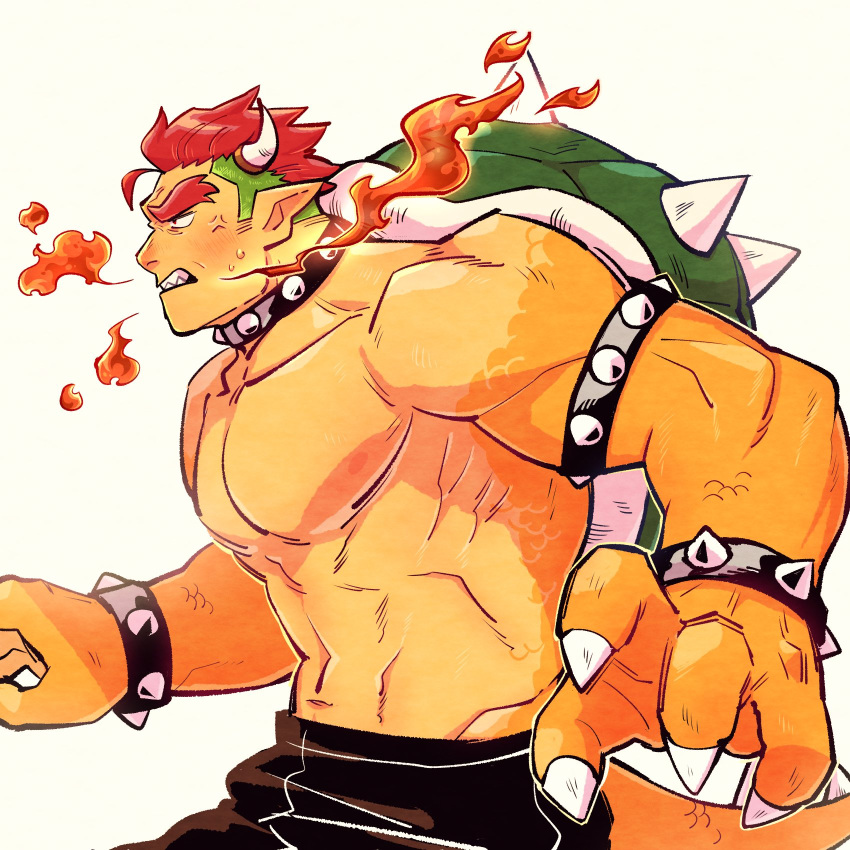 anger_vein angry armlet bara black_pants bowser bracelet breath_weapon breathing_fire claws clenched_teeth collar collarbone cowboy_shot demon_horns fire from_side green_hair highres horns humanization jewelry large_hands mario_(series) monster_boy multicolored_hair muscular muscular_male navel pants pectorals pointy_ears red_hair scales sharp_teeth short_hair simple_background spiked_armlet spiked_bracelet spiked_collar spiked_shell spikes sweatdrop tail teeth thick_eyebrows topless_male two-tone_hair undercut white_background yowasabimechaoc
