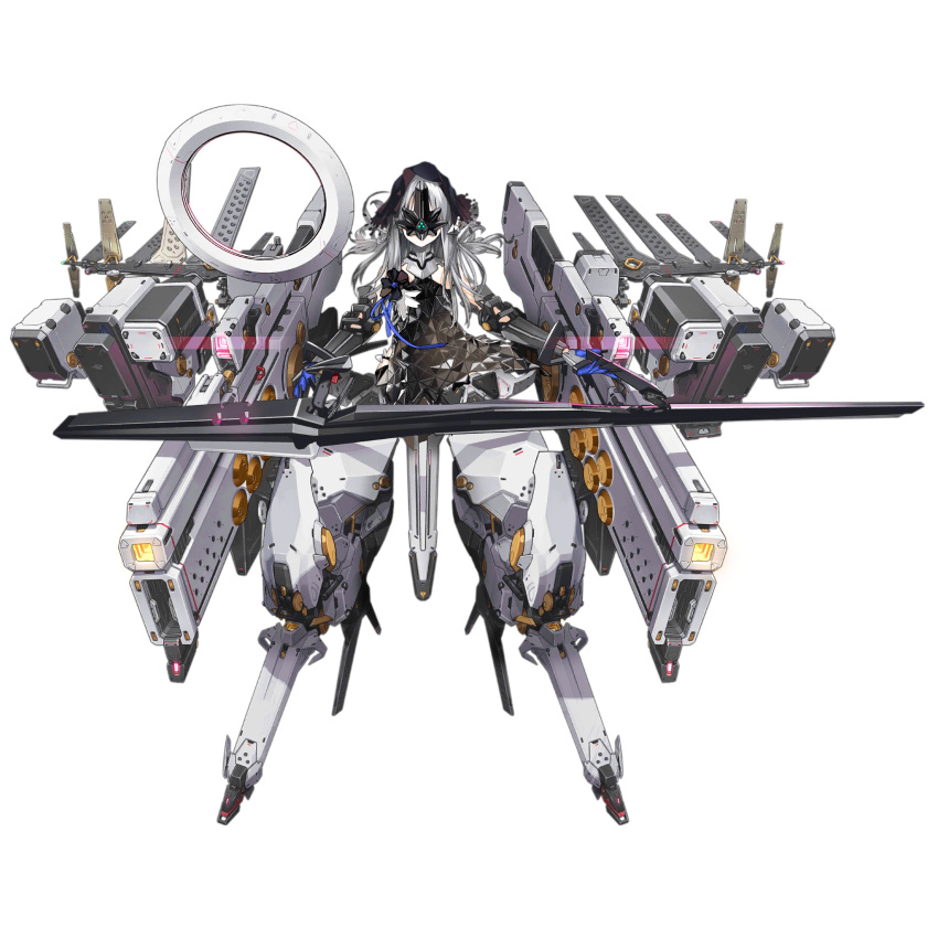 1girl artist_request black_dress black_gauntlets black_mask black_veil blue_gloves blue_ribbon dress energy_gun facing_viewer floating floating_object floating_weapon full_body gauntlets girls'_frontline gloves highres holding holding_polearm holding_weapon long_hair mask mecha_musume mechanical_legs missile_pod nyto_(girls'_frontline) official_art paradeus polearm ribbon sana_(boss)_(girls'_frontline) sana_(girls'_frontline) science_fiction shoulder_ribbon simple_background solo spoilers straight-on third-party_source transparent_background triangular_pattern usekh_collar veil weapon weapon_request white_hair