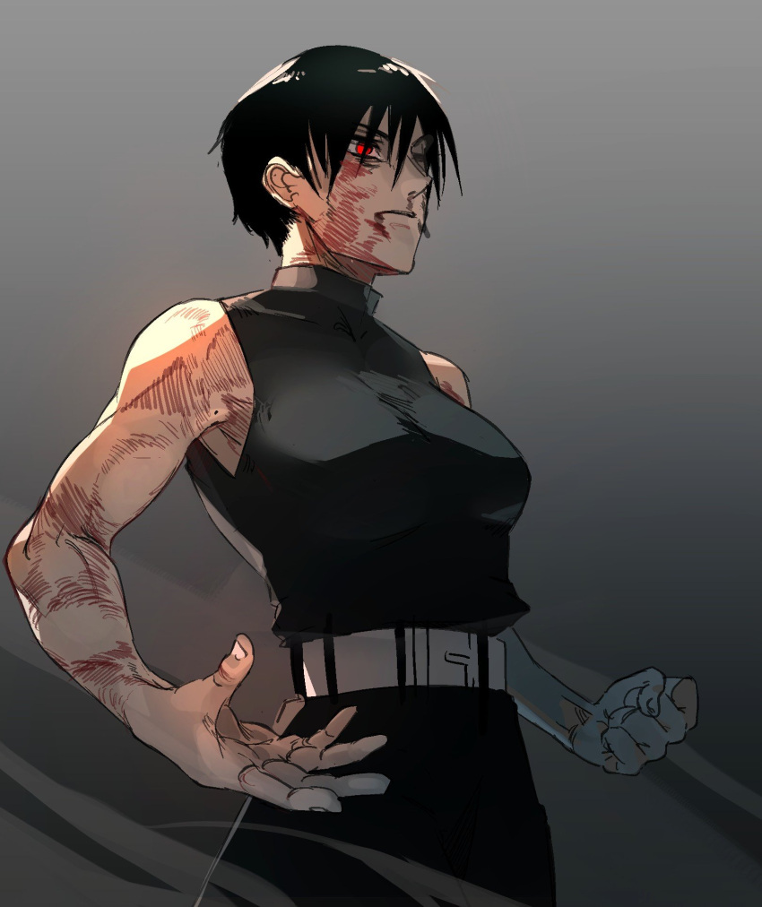 1girl belt burn_scar high-waist_pants highres jujutsu_kaisen multiple_scars muscular muscular_female pants raph_mavrost scar scar_on_arm scar_on_face scars_all_over short_hair simple_background solo too_many too_many_scars zen'in_maki