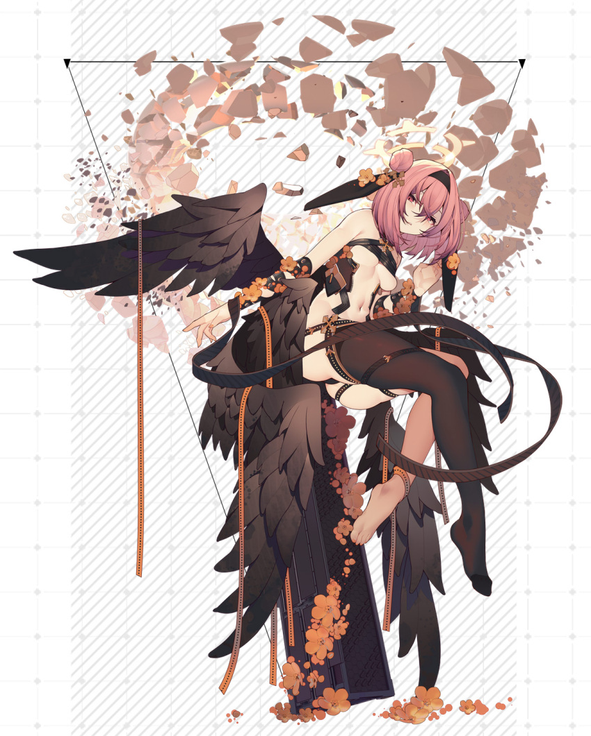 1girl black_hairband black_thighhighs black_wings breasts double_bun feathered_wings hair_bun hairband highres looking_at_viewer medium_breasts no_shoes original parted_lips pink_eyes pink_hair rain_lan revealing_clothes single_thighhigh solo thighhighs wings