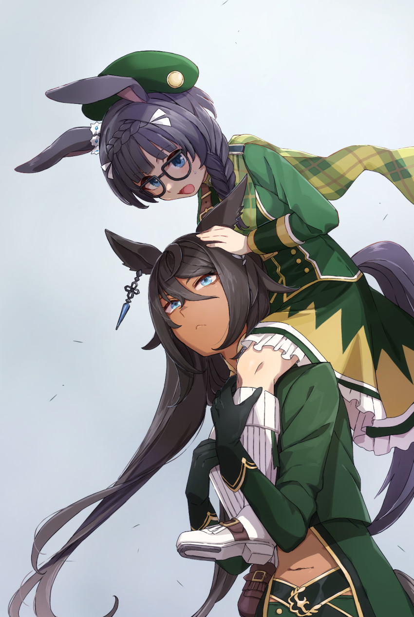 2girls animal_ears beret black_gloves black_hair blue_eyes blush boots braid braided_ponytail carrying closed_mouth crown_braid dark-skinned_female dark_skin glasses gloves green_jacket green_skirt hair_between_eyes hat highres horse_ears horse_girl horse_tail jacket long_hair long_sleeves looking_at_another looking_down looking_up multiple_girls nanaheibei_3 navel open_mouth scarf shoulder_carry skirt sweatdrop symboli_kris_s_(umamusume) tail umamusume white_footwear zenno_rob_roy_(umamusume)