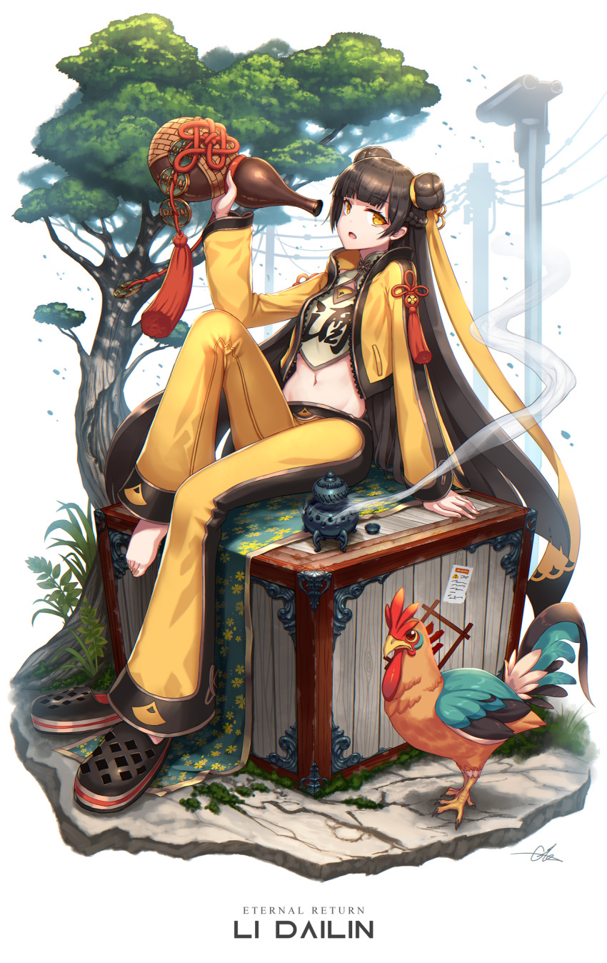 1girl arm_support bird black_survival brown_hair chicken double_bun eternal_return:_black_survival full_body gia gourd hair_bun highres incense_burner jacket li_dailin long_hair looking_at_viewer pants rooster shoes signature single_shoe sitting smoke solo tree unworn_footwear very_long_hair white_background yellow_eyes yellow_jacket yellow_pants