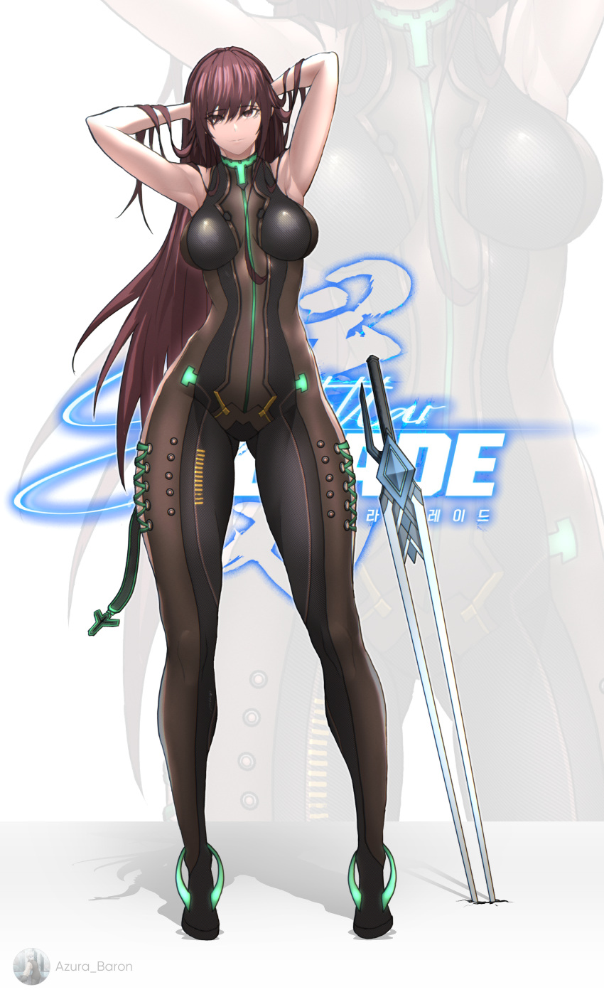 1girl absurdres armpits ass_visible_through_thighs azura_anblue black_footwear bodystocking breasts brown_eyes brown_hair copyright_name eve_(stellar_blade) full_body hands_in_own_hair highres korean_text logo long_legs looking_at_viewer medium_breasts smile solo stellar_blade sword weapon zoom_layer