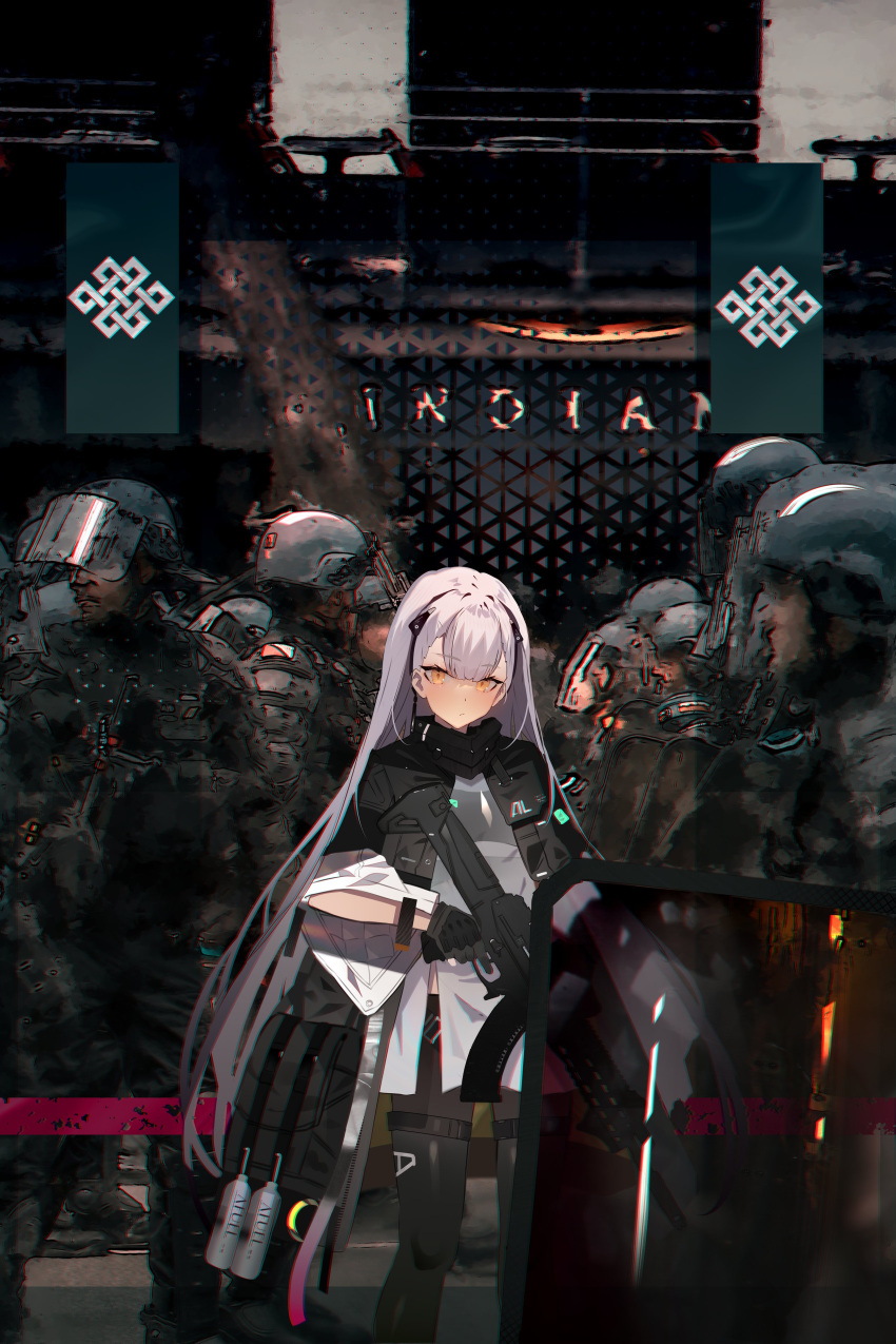 1girl 6+boys absurdres ak-alfa ak-alfa_(girls'_frontline) assault_rifle bangs banner black_gloves black_legwear eyebrows_visible_through_hair feet_out_of_frame girls'_frontline gloves gun hairband helmet highres holding holding_gun holding_weapon jacket long_hair long_sleeves looking_at_viewer multiple_boys rifle riot_shield shield silver_hair solo_focus soukou_makura very_long_hair weapon yellow_eyes