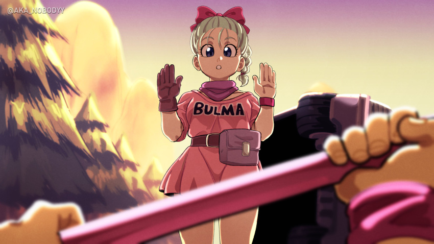 aka_nobodyy blue_hair blurry blurry_foreground braid brown_gloves bulma car character_name dragon_ball dragon_ball_(classic) dress gloves goku_day hair_ribbon hands_up highres holding holding_polearm holding_weapon motor_vehicle pink_dress polearm pov red_ribbon ribbon ruyi_jingu_bang single_glove son_goku tree twitter_username weapon