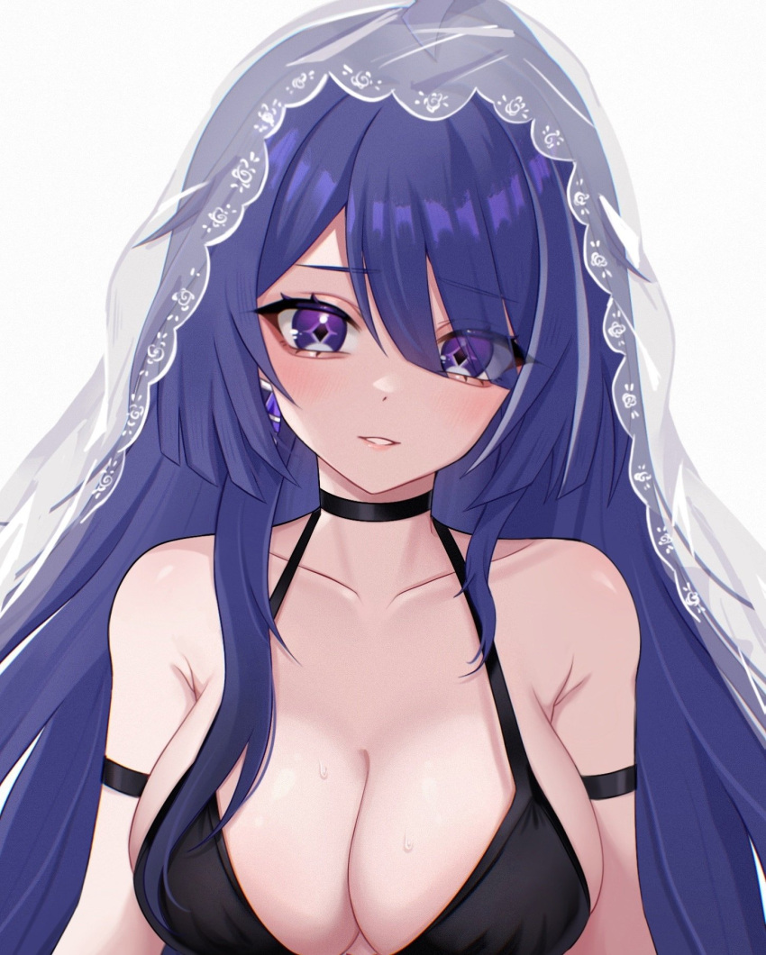 1girl acheron_(honkai:_star_rail) arm_strap armpit_crease bare_shoulders black_choker breasts choker cleavage collarbone commentary criss-cross_halter diamond-shaped_pupils diamond_(shape) dress earrings english_commentary eyes_visible_through_hair hair_between_eyes hair_over_one_eye halterneck highres honkai:_star_rail honkai_(series) jewelry large_breasts long_hair looking_at_viewer multicolored_hair parted_lips purple_eyes purple_hair see-through_veil simple_background sleeveless sleeveless_dress solo streaked_hair sweat symbol-shaped_pupils upper_body white_background white_veil zxcsque