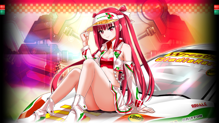 1girl ass bare_shoulders beatmania_iidx breasts car cleavage goli_matsumoto hair_ornament long_hair motor_vehicle non-web_source official_art on_vehicle pink_eyes pink_hair sidelocks skirt small_breasts smile solo teeth umegiri_ameto upper_teeth_only white_skirt