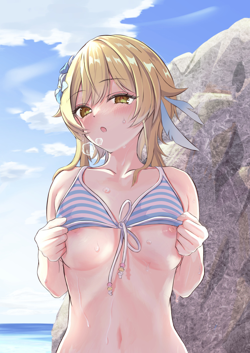 1girl absurdres beach bikini bikini_top_lift blonde_hair blue_bikini blue_sky blush breasts clothes_lift cloud commentary_request feather_hair_ornament feathers flower front-tie_bikini_top front-tie_top genshin_impact hair_flower hair_ornament highres john_kelly lifted_by_self looking_at_viewer lumine_(genshin_impact) medium_breasts navel nipples ocean open_mouth outdoors rock short_hair_with_long_locks sky solo striped_bikini striped_clothes swimsuit wet white_bikini white_flower yellow_eyes