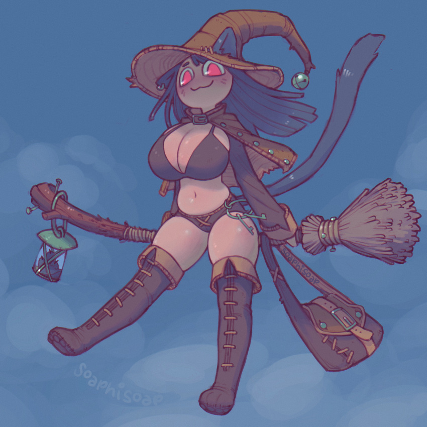 absurd_res bag belly big_breasts boots breasts broom broom_riding candle cleaning_tool clothing domestic_cat felid feline felis female footwear hat headgear headwear hi_res humanoid lamp lantern legwear mammal soaphisoap solo thick_thighs thigh_boots thigh_highs tight_clothing witch_hat