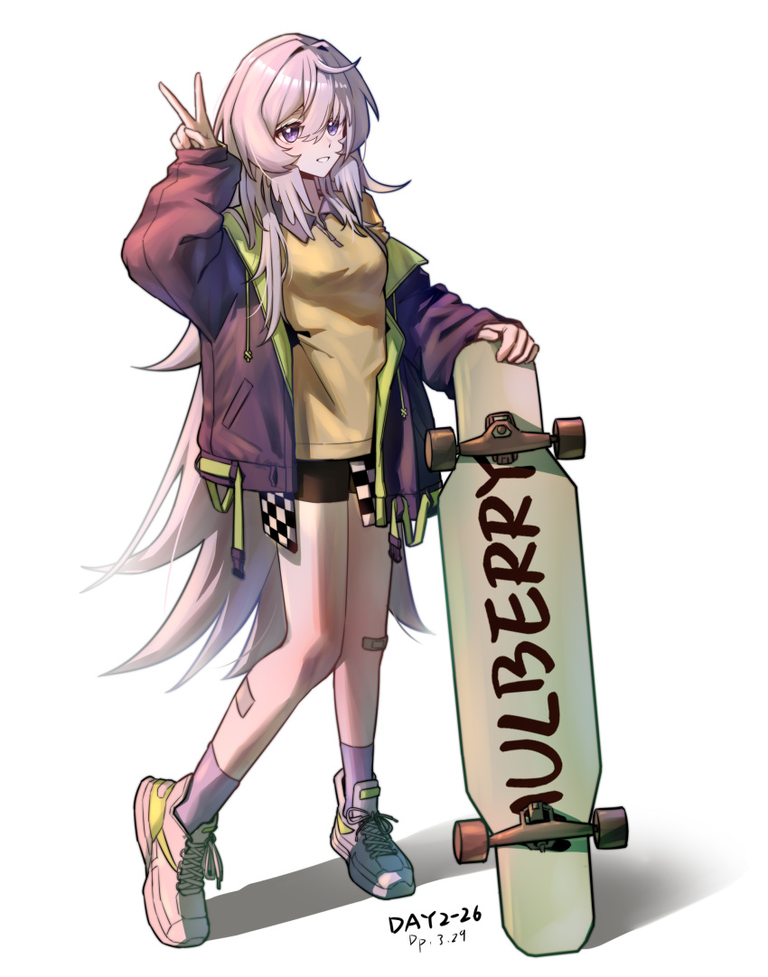 1girl absurdres arknights bandaid bandaid_on_knee bandaid_on_leg bike_shorts black_jacket character_name commentary_request dated feathered_wings feathers gaoling_gangqin green_jacket hair_between_eyes head_wings highres holding holding_skateboard jacket long_hair looking_at_viewer mulberry_(arknights) multicolored_clothes multicolored_jacket parted_lips purple_eyes shirt shoes simple_background skateboard sneakers socks solo two-tone_jacket v very_long_hair white_background white_feathers white_footwear white_hair white_socks wings yellow_shirt