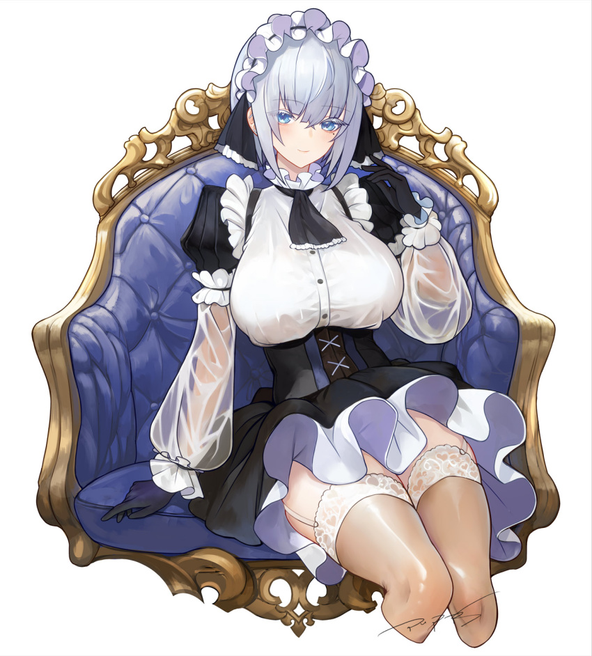 1girl ascot black_ascot black_corset black_gloves black_skirt blue_eyes blue_hair breasts chair corset cropped_legs eyelashes garter_straps gloves hand_up highres large_breasts light_blue_hair looking_at_viewer maid_day maid_headdress mole mole_under_eye original puffy_sleeves pupps see-through see-through_sleeves short_hair signature simple_background sitting skirt smile solo thighhighs thighs white_background