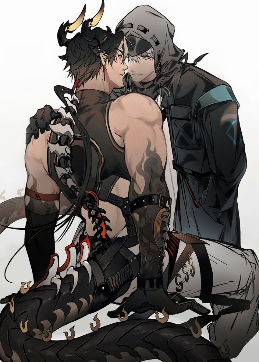 2boys arknights arm_strap black_coat black_hair blush brown_hair chong_yue_(arknights) coat colored_extremities commentary_request doctor_(arknights) dragon_horns dragon_tail earrings feet_out_of_frame gradient_background gradient_hair green_eyes gyulseu hand_in_pocket hand_on_another's_shoulder highres hood hood_up hooded_coat horns jewelry korean_commentary long_hair long_tail looking_at_another low_ponytail male_doctor_(arknights) male_focus multicolored_hair multiple_boys panties parted_lips pointy_ears red_eyes simple_background sitting sleeveless smile standing streaked_hair tail toned toned_male underwear white_background white_panties yaoi