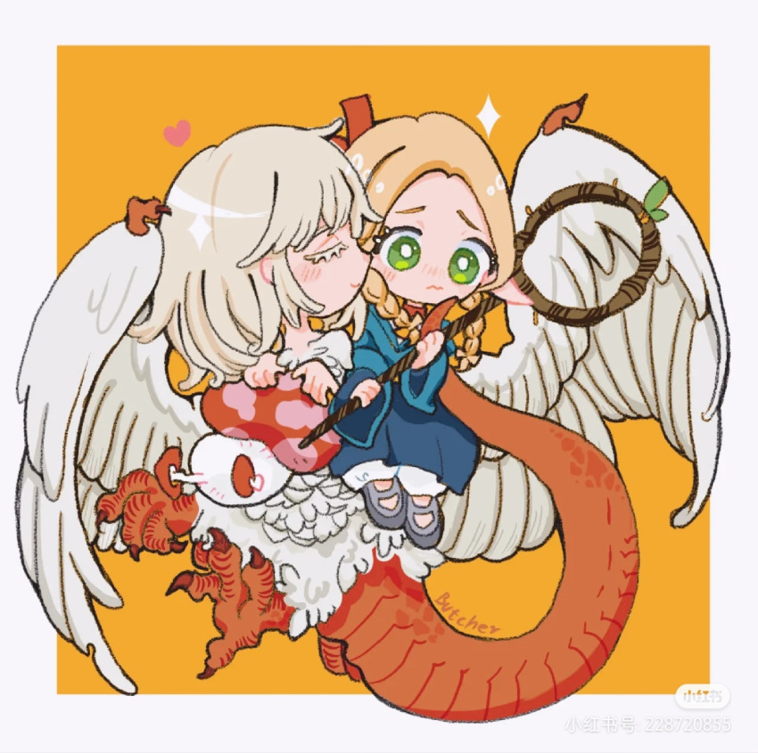 2girls ambrosia_(dungeon_meshi) bird_wings blonde_hair blue_dress border braid bright_pupils chibi chibi_only chimera chinese_commentary choker claws closed_eyes commentary_request dragon_tail dress dungeon_meshi elf falin_touden falin_touden_(chimera) feathered_wings full_body green_eyes grey_footwear heart highres holding holding_staff interspecies marcille_donato medium_hair monster_girl multiple_girls orange_background outside_border pointy_ears red_choker scales short_hair simple_background sitting sitting_on_person smile staff tail taur twin_braids walking_mushroom_(dungeon_meshi) wavy_mouth white_border white_pupils white_wings wings xunyu_(tufu0480) yuri