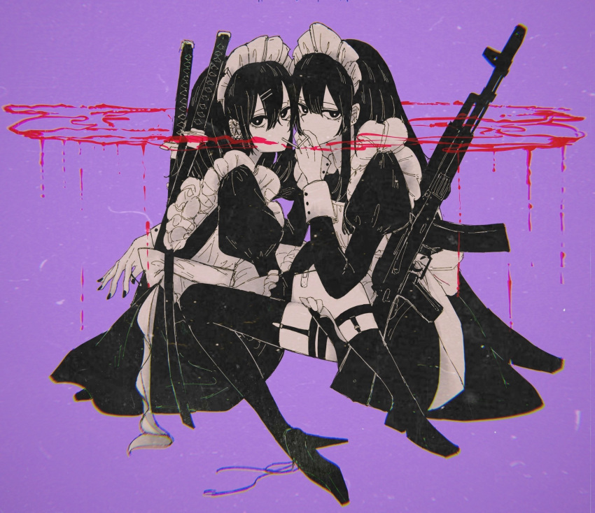 2girls ak-74 apron assault_rifle black_dress black_eyes black_hair black_nails black_thighhighs cigarette_kiss dress garter_belt gun highres kalashnikov_rifle katana looking_at_viewer maid maid_apron maid_headdress multiple_girls original purple_background rifle sword thighhighs washiya0 weapon white_apron