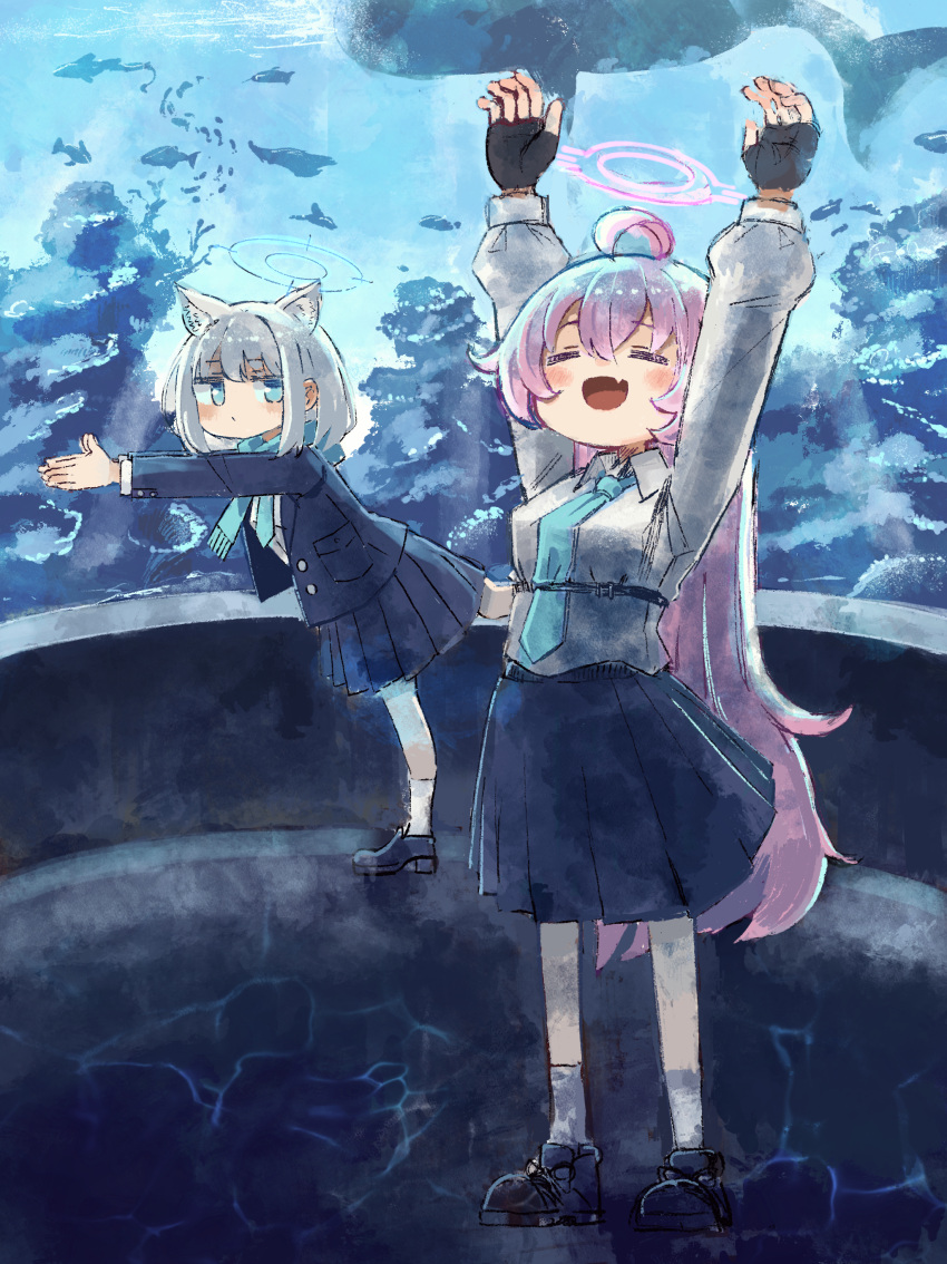 2girls absurdres ahoge animal_ears aquarium arms_up black_jacket black_skirt blue_archive blue_eyes blue_necktie cat_ears closed_eyes dolphilia fingerless_gloves fish full_body gloves halo highres hoshino_(blue_archive) indoors jacket long_hair lycoris_recoil meme multiple_girls necktie open_clothes open_jacket pink_hair posing sakana~_(meme) school_uniform shiroko_(blue_archive) shirt skirt smile standing very_long_hair whale white_hair white_shirt