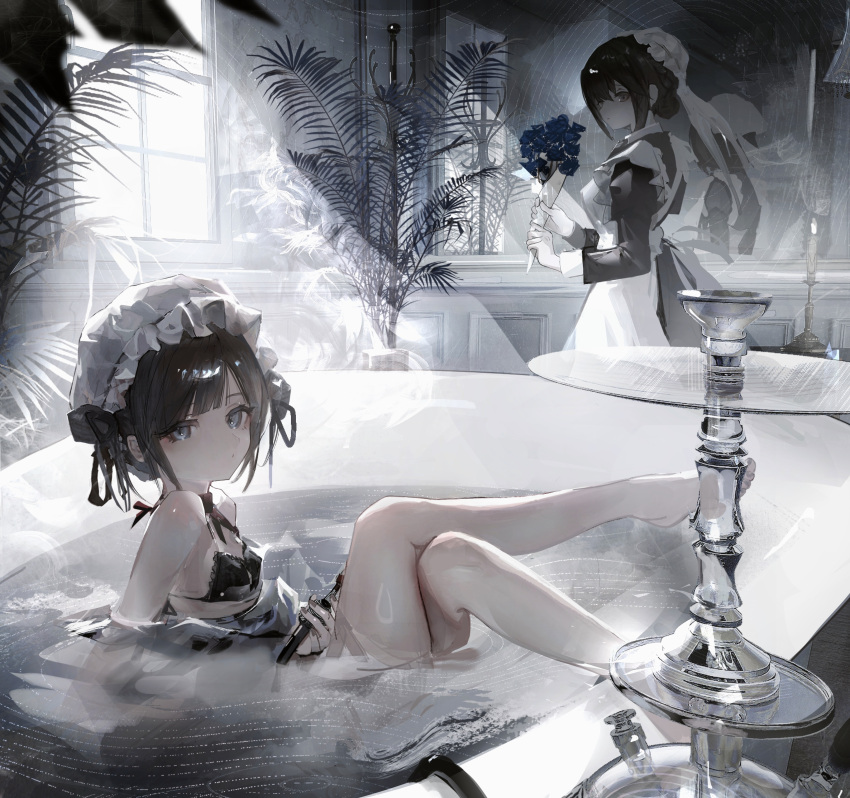 absurdres apron bare_shoulders barefoot bath black_eyes black_hair blush bow candle candlestand crossed_legs expressionless flower glass greyscale hair_bow highres holding holding_flower light_blush looking_at_another looking_at_viewer maid maid_apron mirror misumigumi monochrome original plant potted_plant reflection reflective_water short_hair shoulder_blush sunlight swimsuit water white_apron window