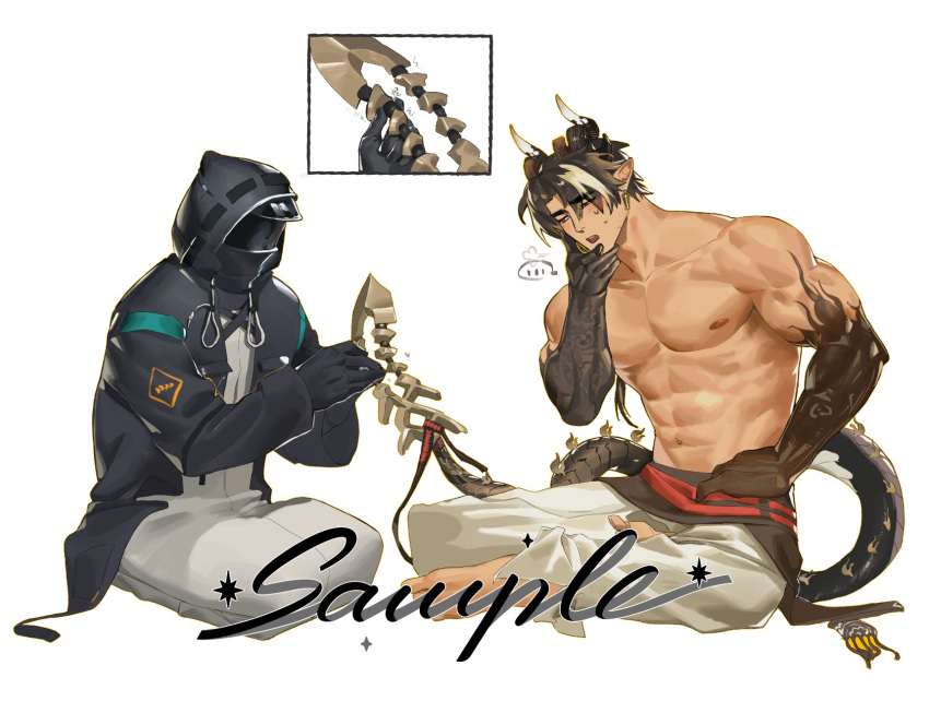 2boys abs arknights bara barefoot black_coat black_gloves black_hair black_horns blonde_hair brown_eyes brown_hair chinese_commentary chong_yue_(arknights) coat colored_extremities commentary_request commission doctor_(arknights) dragon_boy dragon_horns dragon_tail earrings english_commentary gloves hand_on_own_face hand_up hands_up highres holding_another's_tail hood hood_up hooded_coat horns indian_style jewelry long_hair long_tail looking_at_another low_ponytail male_doctor_(arknights) male_focus mask mixed-language_commentary multicolored_hair multiple_boys muscular muscular_male muyu_(muyu824127) nipples open_clothes open_coat open_mouth pants pointy_ears puff_of_air second-party_source seiza simple_background sitting streaked_hair sweat tail topless_male white_background white_pants