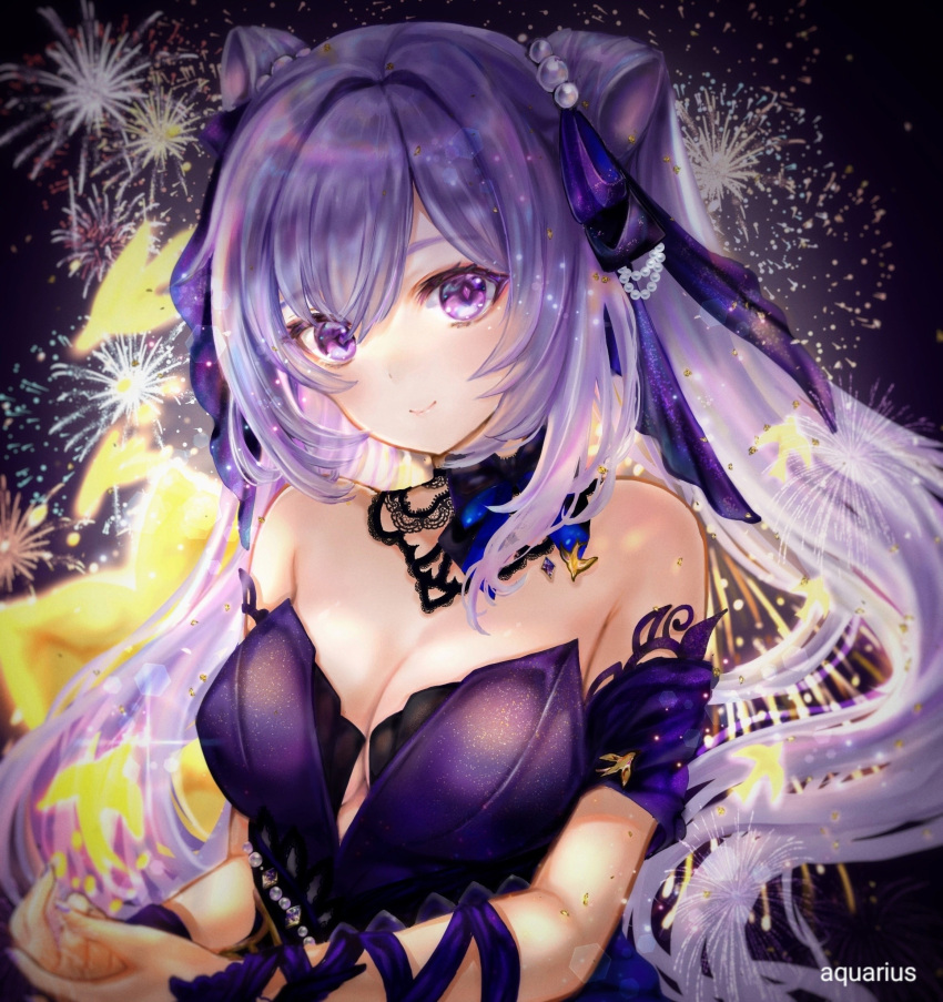 1girl absurdres aquariu27889147 arm_ribbon bare_shoulders black_bow bow breasts cleavage commentary_request cone_hair_bun dress genshin_impact hair_bun hair_ribbon highres keqing_(genshin_impact) long_hair looking_at_viewer medium_breasts off-shoulder_dress off_shoulder purple_dress purple_eyes purple_hair purple_ribbon ribbon short_sleeves smile solo twintails upper_body very_long_hair
