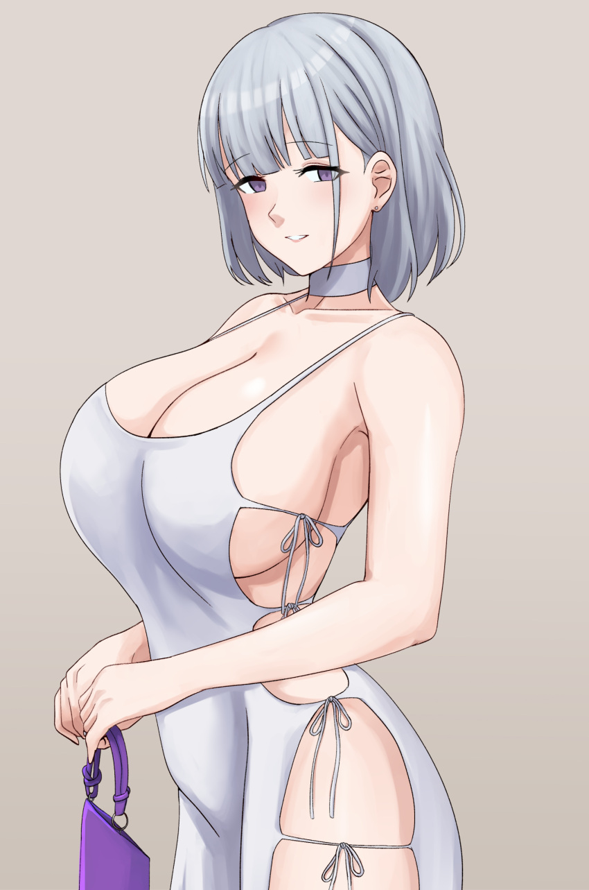 1girl armpit_crease bag bare_arms bare_shoulders blunt_bangs breasts choker collarbone commentary cyka dress english_commentary from_side girls'_frontline grey_background grey_choker grey_dress grey_hair hair_behind_ear half-closed_eyes handbag head_tilt highres holding holding_bag large_breasts looking_at_viewer medium_hair open_mouth parted_bangs purple_bag purple_eyes rpk-16_(girls'_frontline) side-tie_dress sideboob sidelocks simple_background smile solo teeth thighs