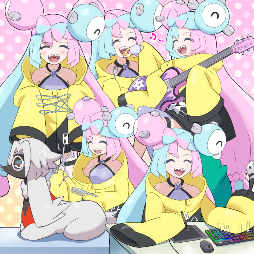 1girl absurdres bellibolt blue_hair bow-shaped_hair breasts character_hair_ornament closed_eyes cup dog furfrou grey_pantyhose guitar hair_ornament hexagon_print highres holding holding_cup holding_guitar holding_instrument holding_scissors instrument iono_(pokemon) jacket long_hair low-tied_long_hair magnemite multicolored_hair multiple_views oversized_clothes pantyhose pink_hair pokemoa pokemon pokemon_(creature) pokemon_sv scissors sharp_teeth single_leg_pantyhose sleeves_past_fingers sleeves_past_wrists smile split-color_hair teacup teeth thigh_strap two-tone_hair very_long_sleeves x yellow_jacket