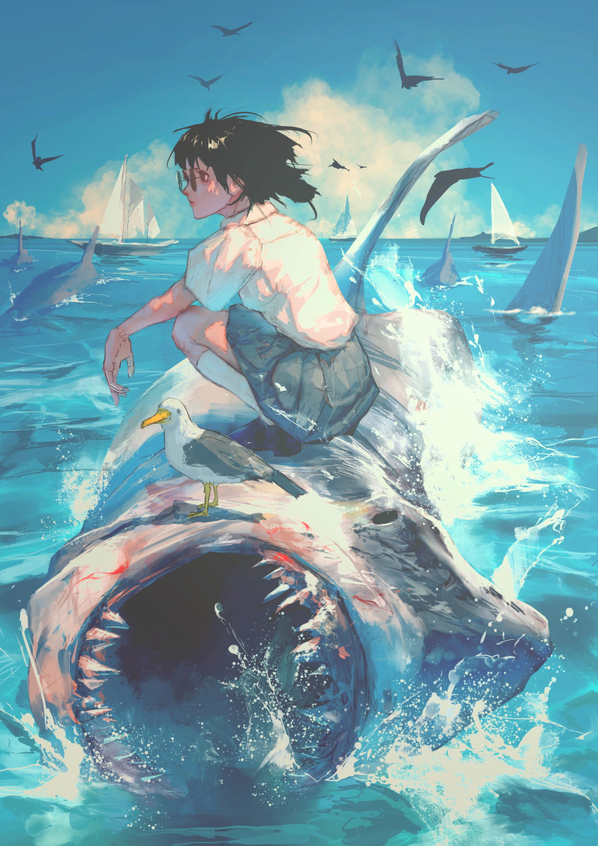 1girl absurdres bird black_hair blue_skirt blue_sky boat cloud highres neg_(101neg) ocean on_animal original sailboat seagull shark shirt skirt sky socks squatting sunglasses watercraft white_shirt white_socks