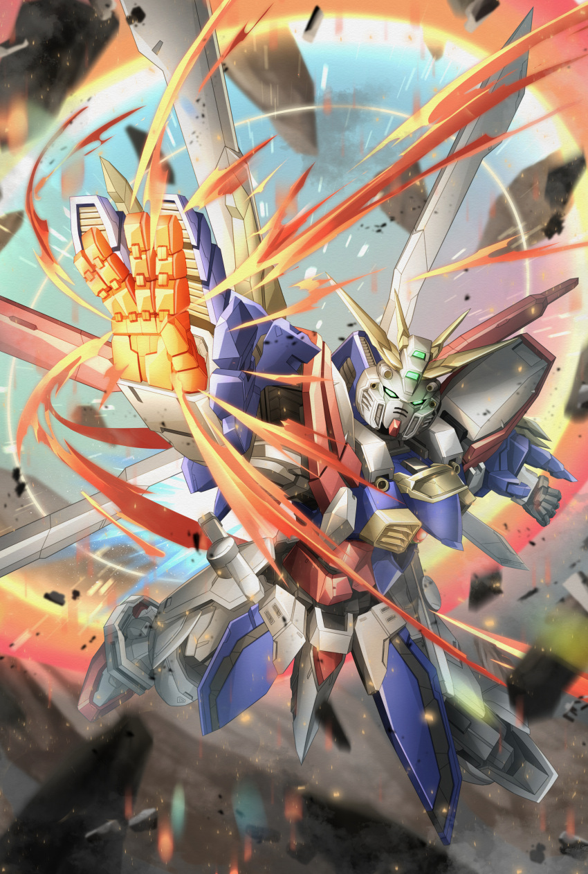 absurdres bakunetsu_god_finger energy_ring g_gundam glowing glowing_hand glowing_hands god_gundam gundam highres mecha no_humans robot rubble super_robot troy_(oxaa01ex) v-fin