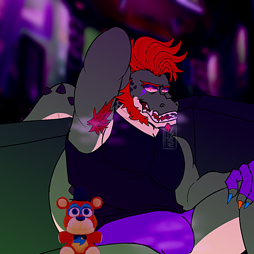 alligator alligatorid anthro armpit_hair barazoku body_hair briefs bulge clothing crocodilian facial_hair five_nights_at_freddy's five_nights_at_freddy's:_security_breach glamrock_freddy hi_res male male/male montgomery_gator musk musk_clouds reptile scalie scottgames shirt solo steel_wool_studios tank_top topwear underwear