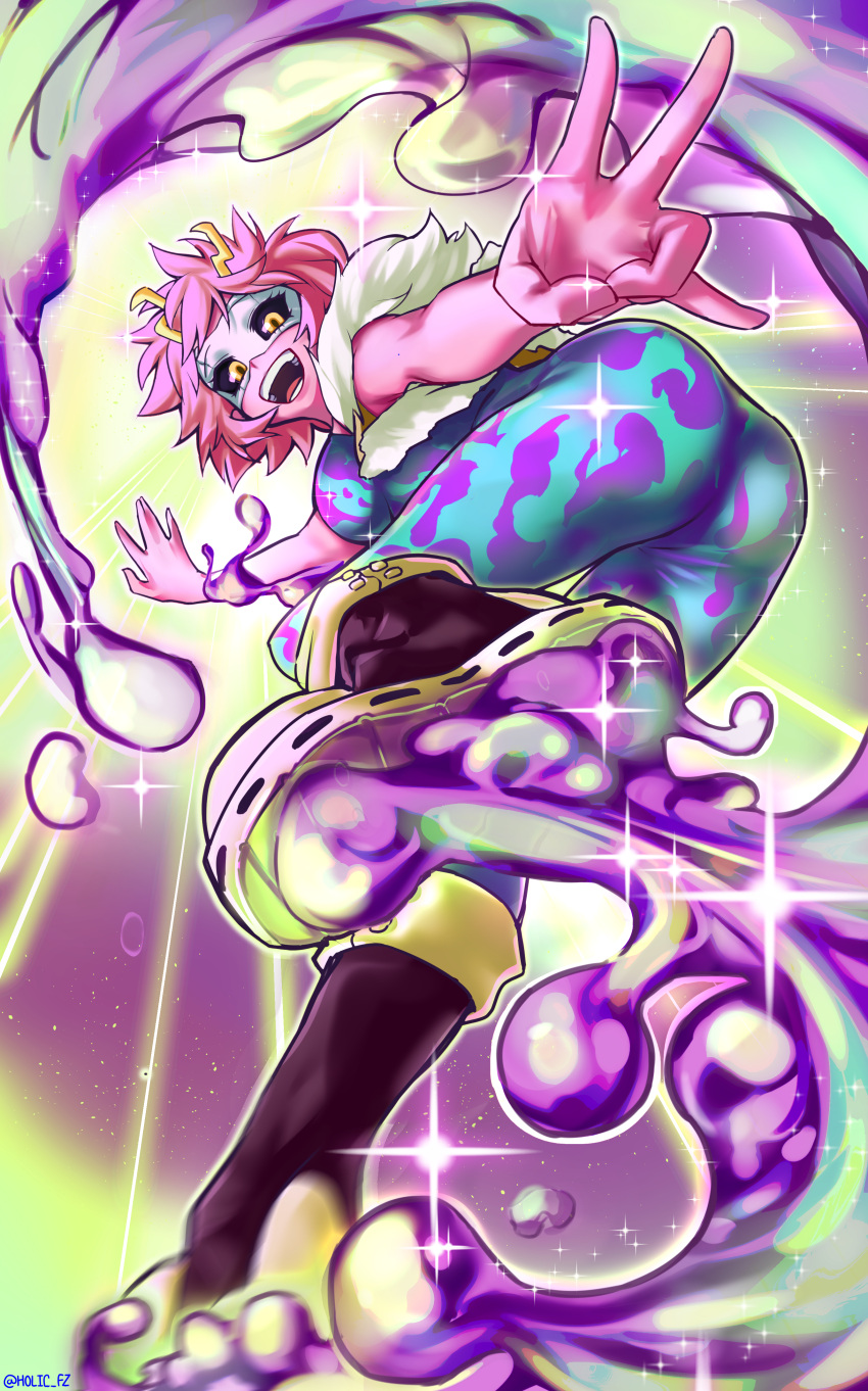 1girl absurdres antennae artist_name ashido_mina ass black_footwear black_sclera blue_bodysuit bodysuit boku_no_hero_academia boots brown_vest colored_sclera commentary english_commentary from_below fur-trimmed_vest fur_trim hhholic highres liquid looking_down mask open_hand open_mouth short_hair smile solo sparkle twitter_username v vest