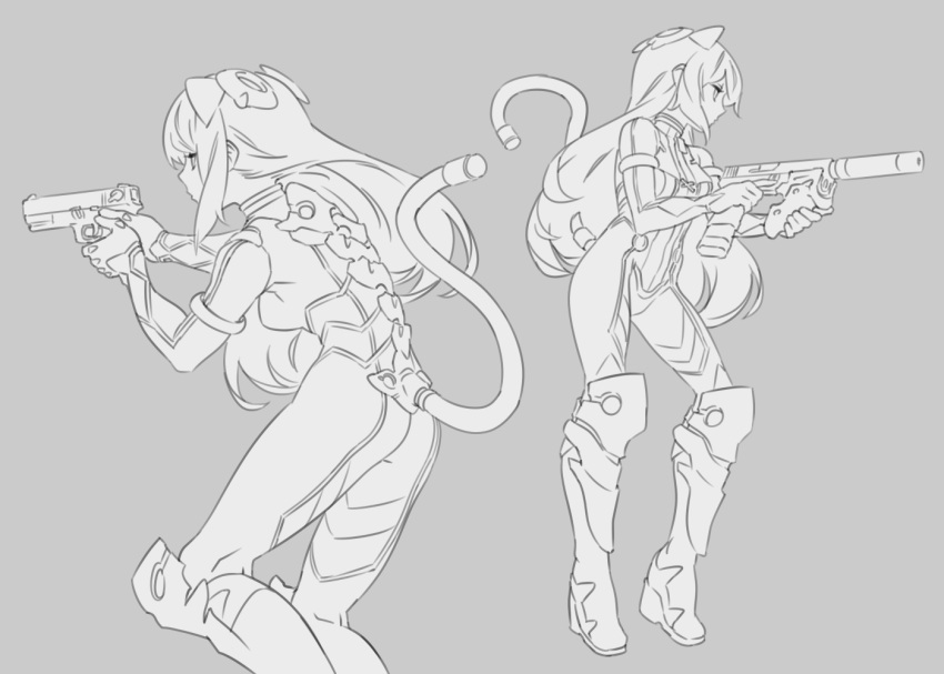 1girl aiming animal_ears armlet ass bodysuit boots breasts cat_ears cat_girl cat_tail extended_magazine greyscale gun headgear high_heel_boots high_heels holding holding_gun holding_weapon knee_boots large_breasts long_hair looking_ahead looking_to_the_side magari_(c0rn3r) mass_production_nora_cat mechanical_boots mechanical_ears mechanical_spine mechanical_tail monochrome multiple_views nora_cat_channel profile simple_background standing suppressor tail two-handed weapon