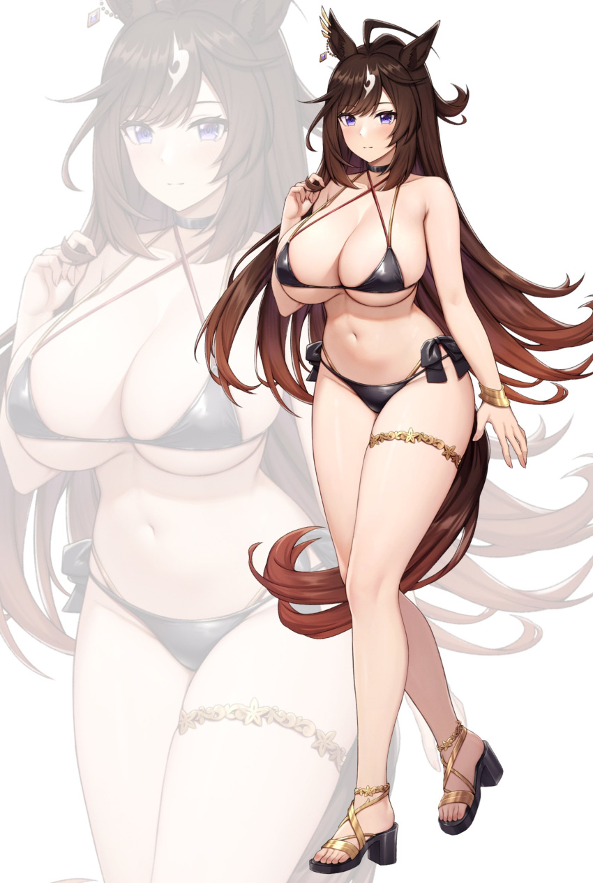 1girl absurdres ahoge alternate_costume animal_ears bare_shoulders bikini black_bikini black_bow bow bow_bikini breasts brown_hair cleavage closed_mouth commentary_request duramente_(umamusume) full_body halterneck highres horse_ears horse_girl horse_tail kannko_bokujou large_breasts long_hair looking_at_viewer multicolored_hair navel revision sandals simple_background solo standing streaked_hair swimsuit tail thigh_strap thighlet umamusume white_background white_hair zoom_layer