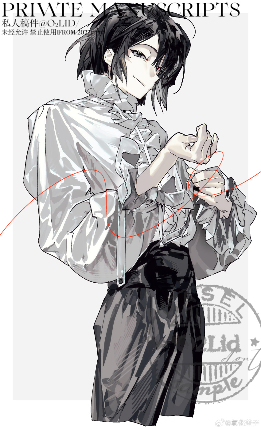 1boy absurdres ahoge arm_belt belt belt_buckle black_eyes black_hair black_pants border buckle center_frills check_copyright chinese_commentary closed_mouth collared_shirt commentary_request copyright_request cropped_legs eyelashes frilled_shirt_collar frilled_sleeves frills grey_background hair_over_one_eye high-waist_pants high_collar highres long_sleeves male_focus open_belt original outside_border pants puffy_long_sleeves puffy_sleeves sample_watermark shirt short_hair simple_background sleeves_past_wrists smirk solo watermark weibo_watermark white_belt white_border white_shirt white_sleeves yanghua_gaizi