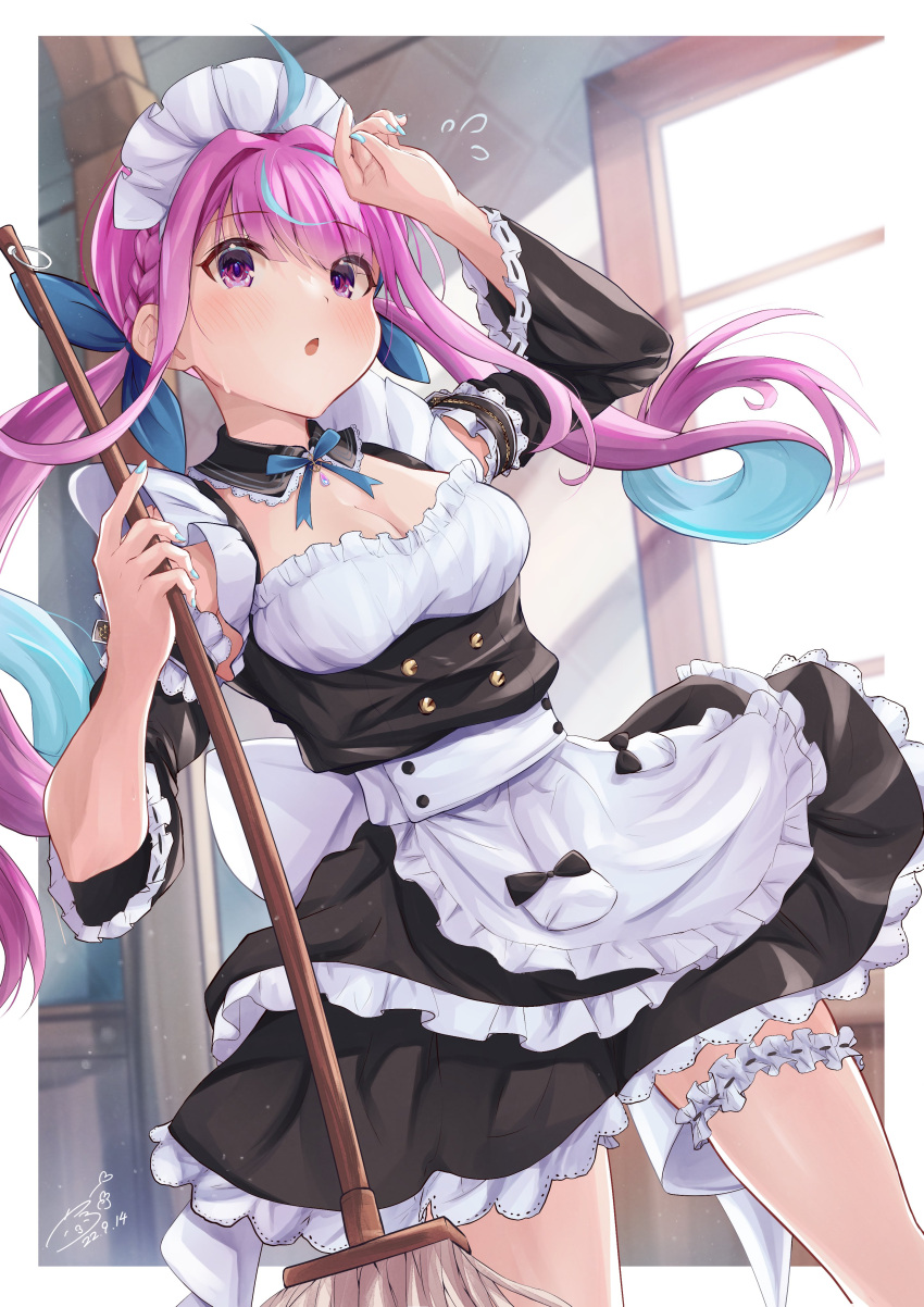 1girl absurdres ahoge apron aquarium_(visual_novel) black_dress blue_hair blue_nails blue_ribbon blush border breasts bridal_garter broom cleavage colored_inner_hair commentary_request dated detached_collar detached_sleeves dress flying_sweatdrops frilled_apron frilled_dress frills hair_ribbon hand_up highres holding holding_broom hololive indoors kairono3jou long_hair long_sleeves looking_at_viewer maid maid_apron maid_headdress medium_breasts minato_aqua multicolored_hair open_mouth purple_eyes purple_hair ribbon solo streaked_hair sweatdrop twintails two-tone_hair virtual_youtuber white_border