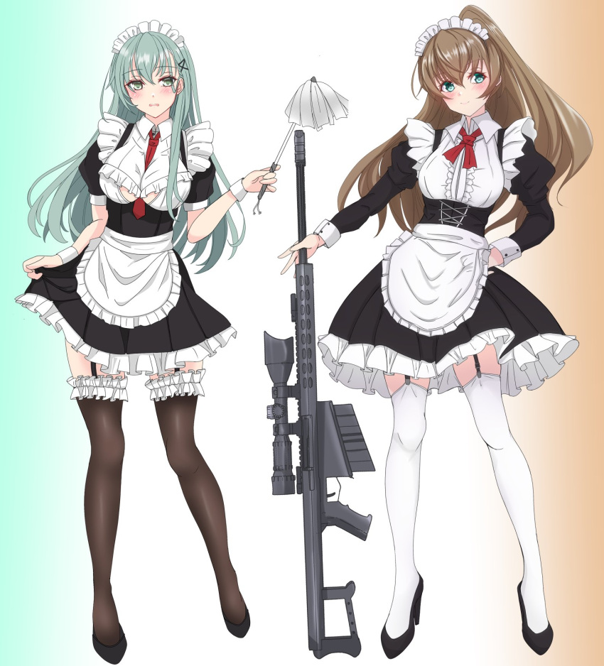 2girls alternate_costume apron between_breasts black_dress black_thighhighs breasts brown_hair dress duster enmaided feather_duster frilled_thighhighs frills full_body garter_straps gradient_hair green_eyes gun highres kantai_collection kumano_(kancolle) long_hair maid maid_day maid_headdress medium_breasts multicolored_hair multiple_girls necktie necktie_between_breasts nitamako_(sakamalh) red_necktie rifle scope sniper_rifle suzuya_(kancolle) thighhighs waist_apron weapon weapon_request white_apron white_thighhighs