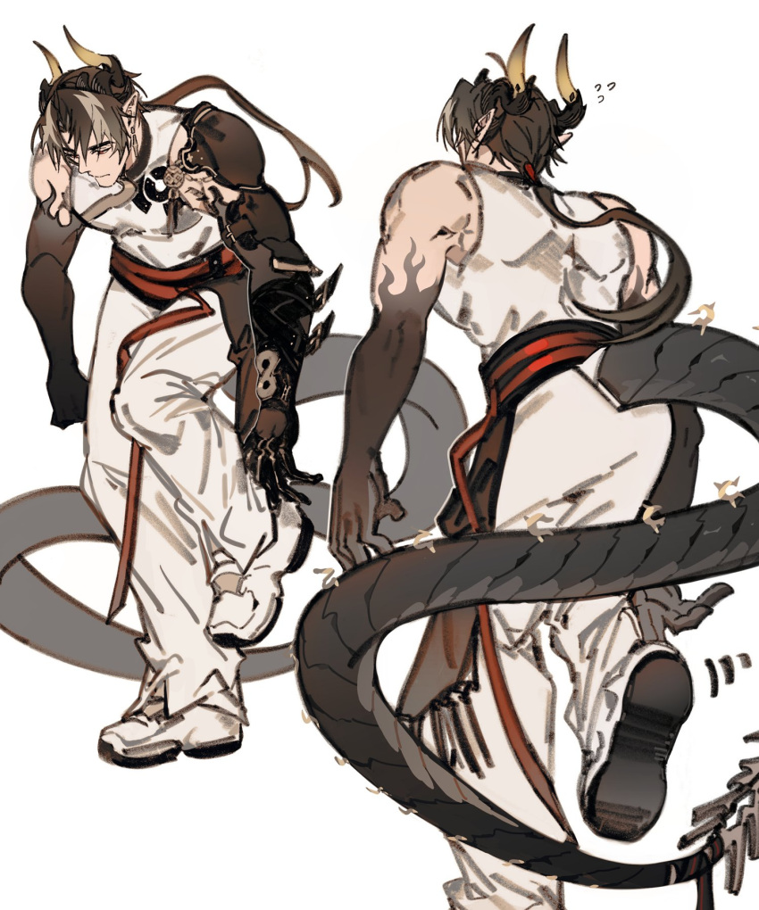 1boy adjusting_footwear arknights armor brown_hair chinese_clothes chong_yue_(arknights) closed_mouth colored_extremities dragon_boy dragon_horns dragon_tail earrings flying_sweatdrops full_body gyulseu highres horns jewelry long_hair long_tail low_ponytail male_focus multicolored_hair multiple_views pauldrons pointy_ears red_eyes rerebrace shoes shoulder_armor simple_background single_pauldron sleeveless sneakers standing standing_on_one_leg streaked_hair tail white_background white_footwear