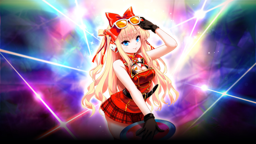 1girl beatmania_iidx black_gloves blonde_hair blue_eyes bow breasts cleavage eyewear_on_head gloves goli_matsumoto hair_bow hair_ornament headphones highres himmel_(beatmania_iidx) holding_record long_hair medium_breasts non-web_source official_art sidelocks skirt smile solo thighs