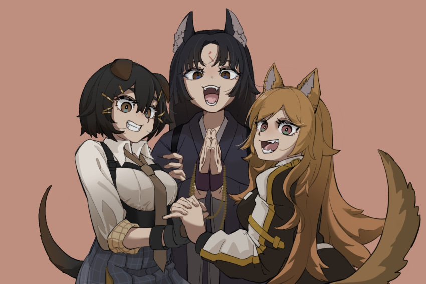 2021 a_boaba animal_humanoid arknights black_hair blonde_hair brown_eyes canid canid_humanoid canine canine_humanoid ceobe_(arknights) clothed clothing dog_humanoid female group hair hand_on_hand humanoid hypergryph jackie_(arknights) looking_at_viewer mammal mammal_humanoid necktie open_mouth saga_(arknights) shirt studio_montagne tail topwear trio