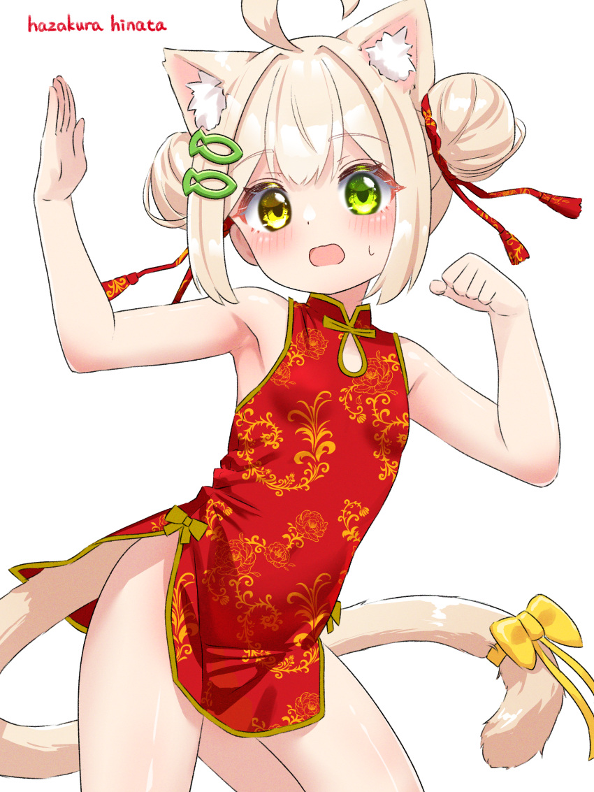 absurdres ahoge animal_ears armpits bow cat_ears cat_girl cat_tail china_dress chinese_clothes double_bun dress fish_hair_ornament green_eyes hair_bun hair_ornament hazakura_hinata heterochromia highres kurumi_(hazakura_hinata) original tail thighs variant_set white_background yellow_bow yellow_eyes